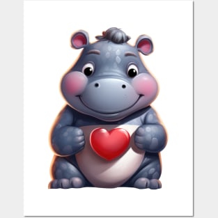 Valentine Hippo Holding Heart Posters and Art